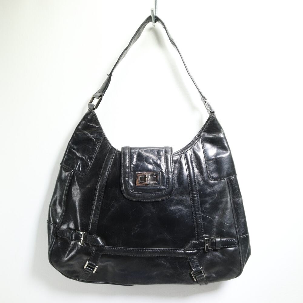 Kate Landry Hobo Handbag M Black Leather Lined Pockets Purse Shoulder Bag